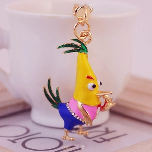 Creative rhinestone chicken keychain with colorful enamel coating and metal gold ring