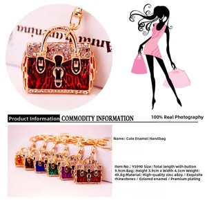 Detail view of crystal rhinestone handbag keychain showing dimensions and zinc alloy material