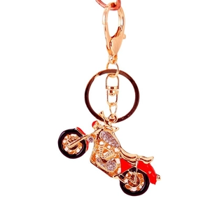 Rhinestone heavy motorcycle keychain in red and gold finish with lobster clasp charm