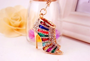 Detailed close-up of a sparkling rhinestone high heel keychain with multi-color gems