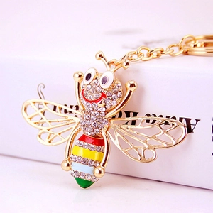 Cute golden bee keychain with colorful enamel and sparkling rhinestones for car keys