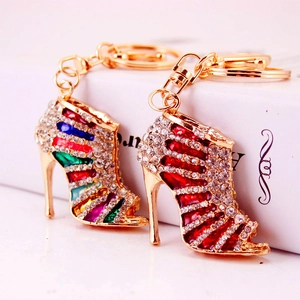 Colorful rhinestone high heel shoe keychain with gold alloy metal and enamel stripes