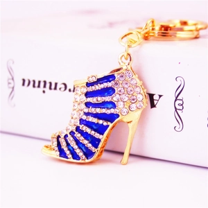 Creative gold high heel keychain with royal blue enamel and sparkling crystal rhinestones