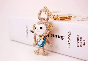 Close-up of golden monkey keychain with white and blue crystals and enamel finish