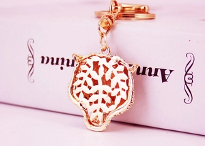 Close-up of golden leopard head keychain showing intricate hollow metal pattern on back