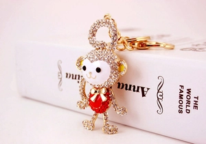 Detailed macro view of monkey keychain with sparkling crystals and golden clasp