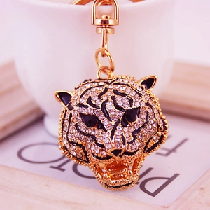 Creative Cute Rhinestone Tiger Head Keychain Gold Zinc Alloy Animal Bag Charm Pendant Decorative Jewelry Gift For Women Men