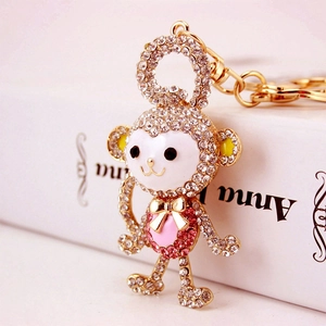 Sparkling crystal monkey keychain with pink rhinestones and gold alloy hardware
