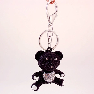 Sparkling black rhinestone teddy bear keychain with silver metal ring and lobster clasp