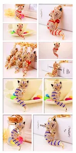 Detail shots of sparkling crystal fox keychains with red and blue enamel stripes