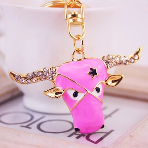 Pink enamel rhinestone bull head keychain with gold metal ring for bags and keys