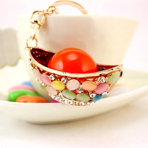 Creative gold metallic Chinese ingot keychain with colorful rhinestones and crystal charm