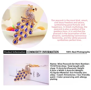 Detail of a golden peacock keychain featuring blue enamel feathers and sparkling rhinestones
