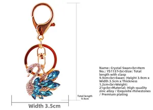 Detailed size specifications of the crystal swan keychain with blue and white rhinestones