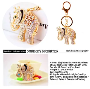 Detail of crystal elephant keychain with gold alloy finish and colorful enamel accents