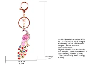 Detailed close-up of peacock keychain with pink crystals and rose gold plating finish