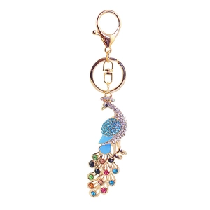 Exquisite colorful rhinestone peacock keychain with gold metal plating and lobster clasp