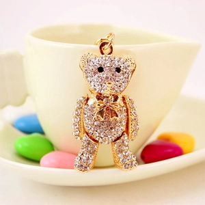 Teddy bear keychain with gold plating and sparkling white rhinestones for bag charm