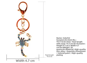 Detailed size chart for the rhinestone scorpion keychain showing length 14.6cm and width 4.7cm