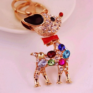 Cute deer keychain with sparkling rhinestones and colorful crystal gems in gold metal