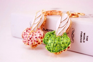 Close-up of creative pink and green rhinestone Chinese cabbage charms on keychains