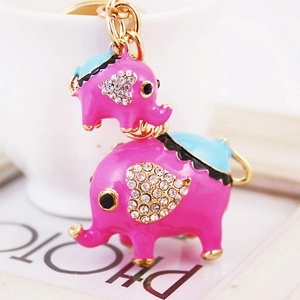 Porte-clés éléphant mignon rose et bleu avec strass en cœur et placage doré brillant