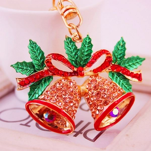 Creative Christmas bell keychain with rhinestones and enamel on a gold metal base