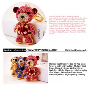 Close-up of sparkling rhinestone bear keychain with detailed product specifications
