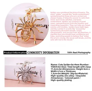 Detail of sparkling rhinestone spider keychain with metallic gold and silver finish