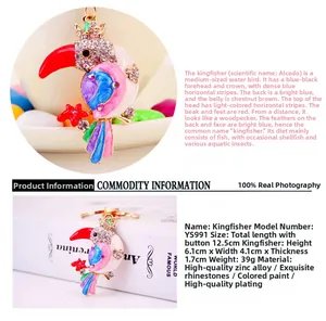 Detailed view of rhinestone kingfisher keychain with dimensions and colorful finish