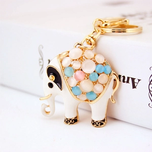 Cute Elephant Keychain White Enamel Zinc Alloy Opal Rhinestone Animal Bag Pendant Gold Plated Keyring For Women Gift