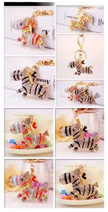 Detailed views of creative zebra keychains featuring sparkling rhinestones and metal lobster clasps