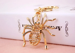 Macro shot of spider keychain showing detailed hollow abdomen and white rhinestones