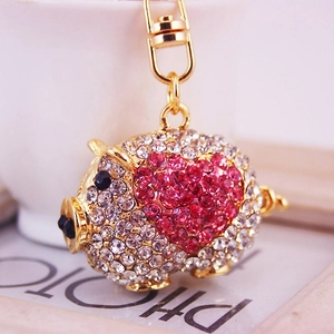 Porte-clés cochon en strass étincelants avec cœur rose et fermoir doré pour sacs à main