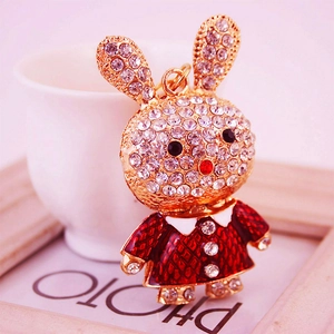 Porte-clés lapin mignon avec strass brillants et robe à carreaux rouges doré