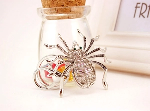 Detailed macro view of silver spider keychain with green gemstone eyes and hollow patterns