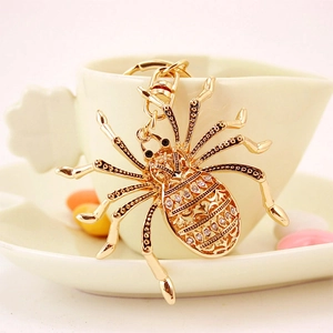 Creative gold spider keychain with sparkling rhinestones and metal lobster clasp