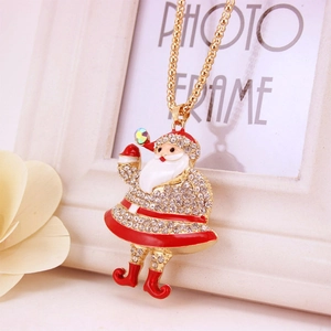 Festive Santa Claus pendant necklace with red enamel and sparkling white rhinestones