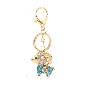Golden sheep keychain pendant with blue rhinestones and classic lobster clasp
