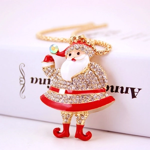 Golden Santa Claus pendant necklace with red enamel and sparkling rhinestones