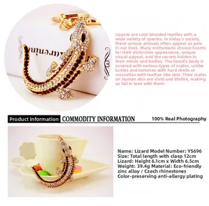 Detailed view of lizard keychain showing 12cm length and sparkling crystals