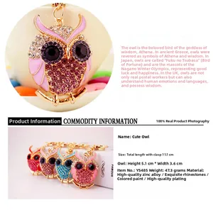 Dettagli del portachiavi a forma di gufo con strass che mostra dimensioni e vari colori