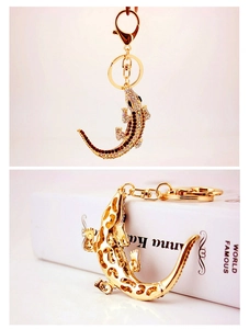 Detail of gold crystal lizard keychain showing rhinestone texture and hollow back