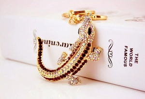 Close-up of golden crocodile keychain with colorful rhinestones on a white book