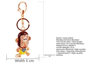 Detailansicht der Affen-Schlüsselanhänger-Maße mit 14,3 cm Länge und Strass-Details