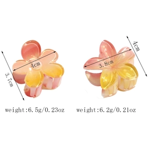 Detail view of gradient acrylic plumeria hair claws showing 4cm size and 6.5g weight info