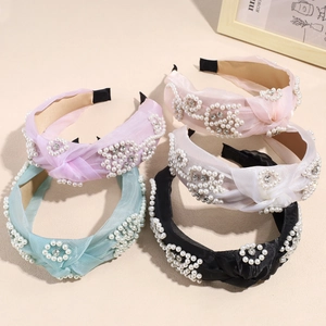 Vintage Knotted Wide Headband For Women Elegant Mesh Faux Artificial Pearl Rhinestone Flower Hair Hoop Daily Party Hair Accessories