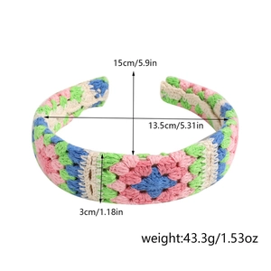 Detail showing dimensions of the handmade crochet floral headband in colorful cotton thread