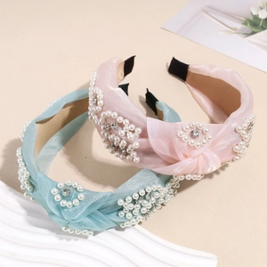 Elegant mesh headband set with pearls and rhinestones in light pink and blue colors