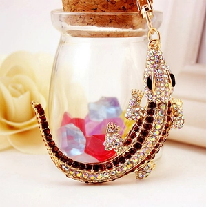 Sparkling crystal crocodile keychain with gold base and colorful rhinestones for bags